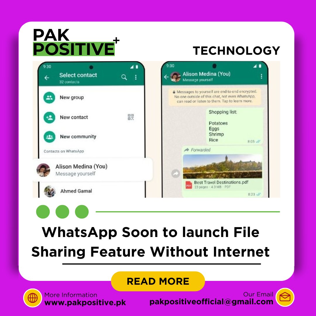 WhatsApp, owned by Meta, plans to introduce offline file sharing, allowing users to share documents, music, and more without internet. 

Read More: pakpositive.pk/whatsapp-soon-…

#WhatsAppOfflineFileSharing #Meta #NewFeature #OfflineSharing