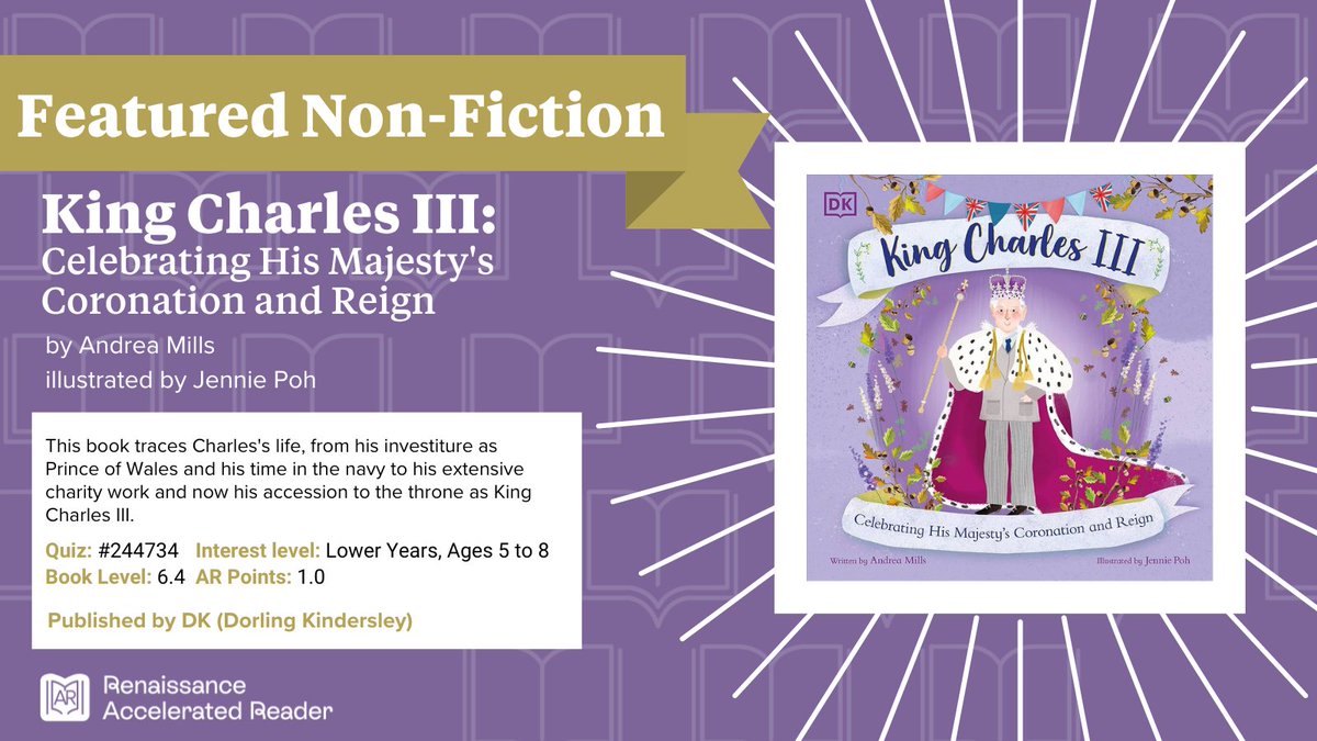 This week's #NonFictionFriday pick is King Charles III by Andrea Mills! 🤴 

Nearly 1 year since his coronation, discover the remarkable story of a young prince turned king. From heir at age 3 to ruler, learn the intriguing journey of our new monarch. @dkbooks