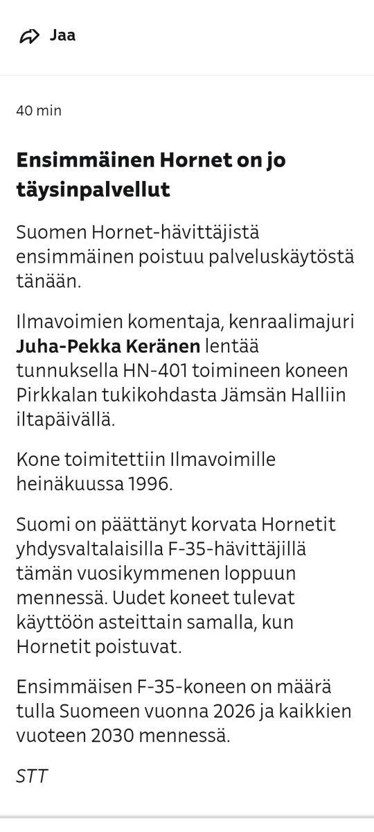 Onneksi olkoon HX-hanke! Kun Euroopan turpo-tilanne on kirein vuosikymmeniin ja Venäjän uhka dramaattisesti kasvanut, Ilmavoimat *poistaa* käytöstä hävittäjiä. Jo 2018 olisi pitänyt valita Super Hornet, eikä Suomen oloihin huonosti sopivaa F-35:tä.

#F35
#HXhanke
#SuperHornet