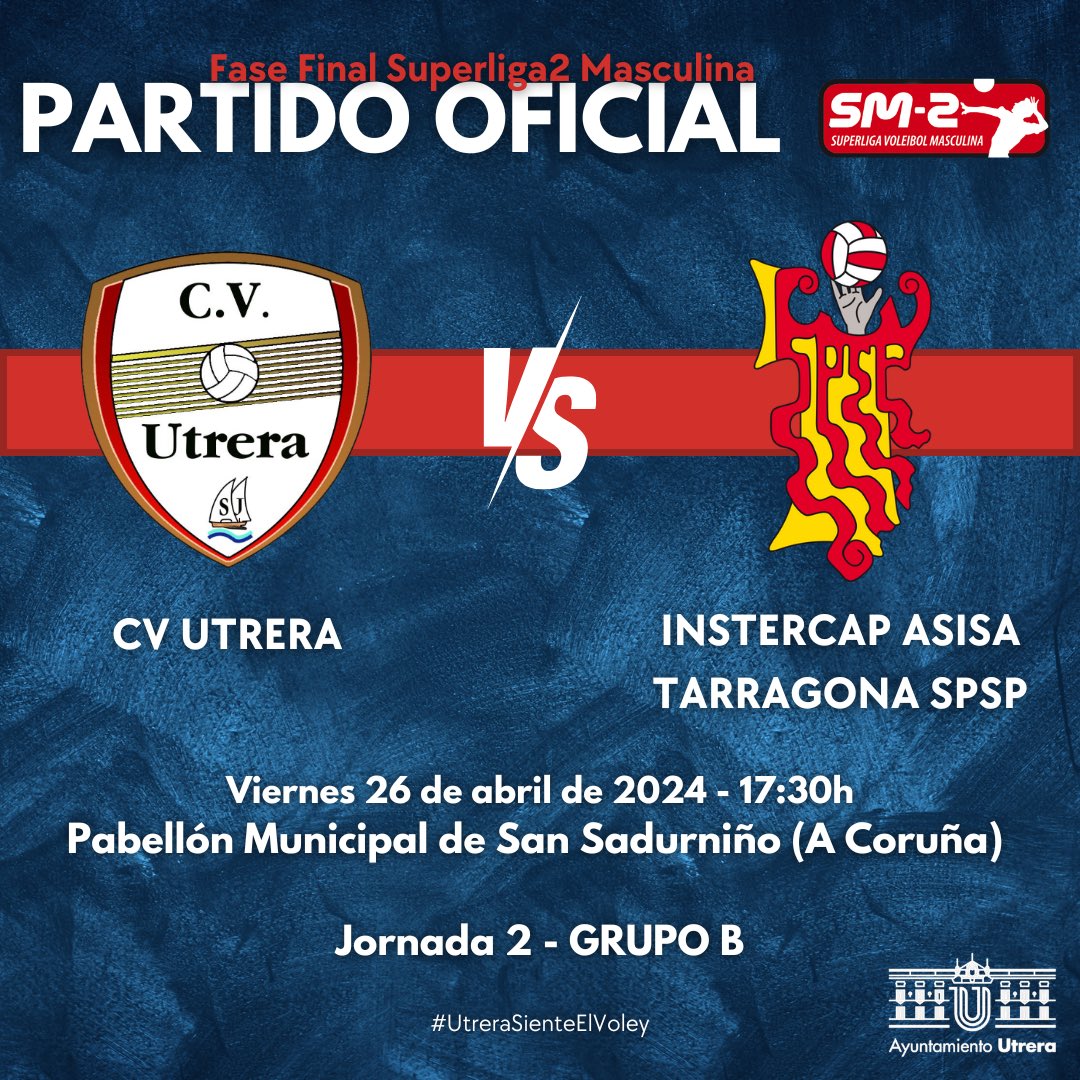 𝐏𝐀𝐑𝐓𝐈𝐃𝐎 𝐎𝐅𝐈𝐂𝐈𝐀𝐋

✍🏼 Escribir con letras de oro en nuestra historia.

📅 Viernes 26 de abril
⏰ 17:30h
🆚 <a href="/Tarragona_SPiSP/">Tarragona SPiSP</a> 
🏟️ Pabellón Municipal
📍 San Sadurniño (A Coruña)
📺 youtube.com/@utreraaldia45…
🏆 Jornada 2 | Grupo B

#UtreraSienteElVoley