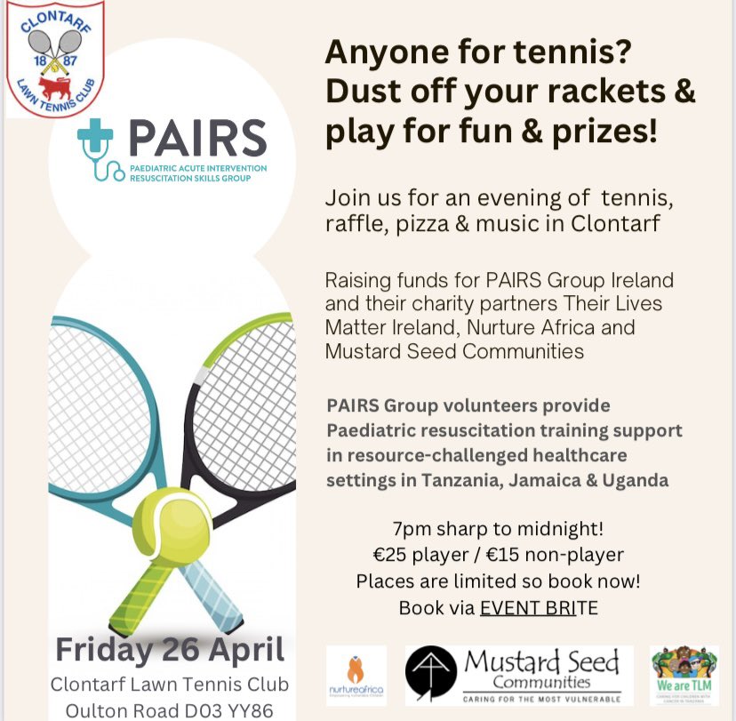 PLAY FOR PAIRS 🎾

Come out & support the incredible @pairsgroup which provides free resuscitation training to HCW in resource-challenged settings.

Since 2018 the group have trained 1800 paediatric HCW in Uganda, Nigeria, Tanzania & Jamaica.
