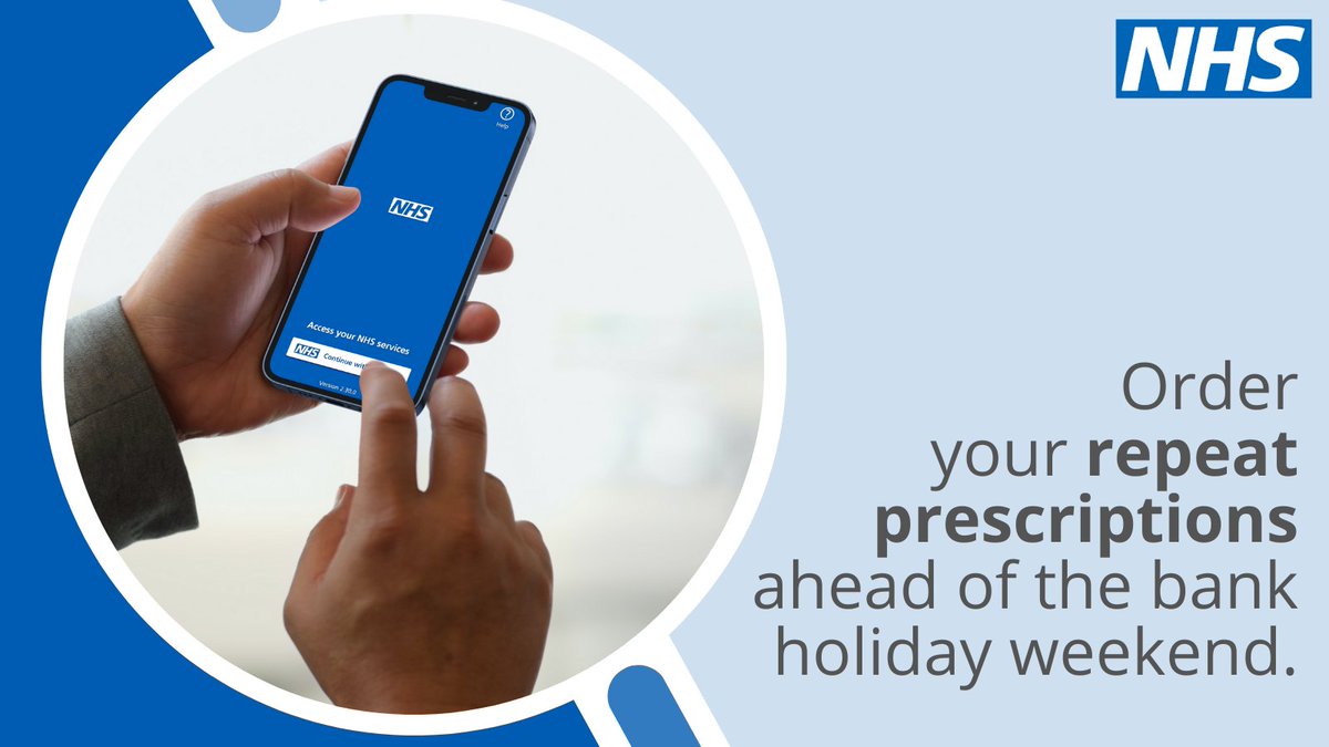 Make sure you’re prepared ahead of the #bankholiday weekend (6 May). Order your repeat prescriptions through the NHS App in advance. Haven’t got it? Download it for free here: nhs.uk/nhs-app/