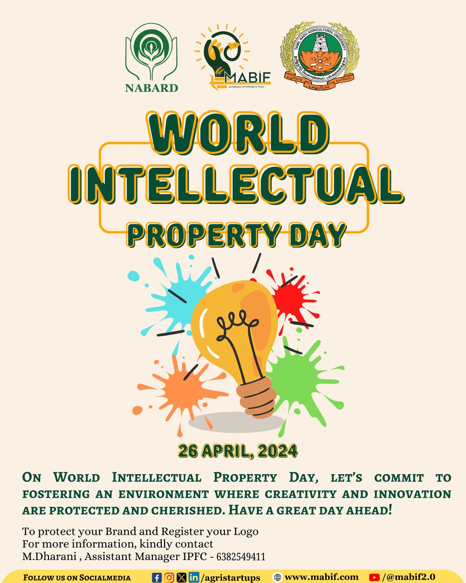 Happy National Intellectual Property Day! To Protect your Brand and Register your Logo, Kindly Contact: Ms. M. Dharani, Asst. Manager (IPFC), NABARD MABIF, Ph: 6382549411