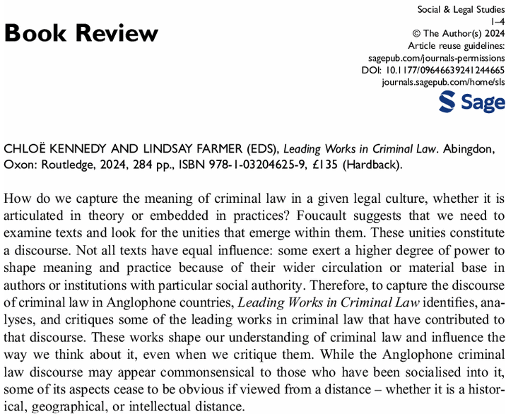 My review of Leading Works in Criminal Law by @ChloeJSKennedy & Lindsay Farmer is out with @SLS_Journal You can read the review here: journals.sagepub.com/doi/epub/10.11… & buy the (fascinating) book here: routledge.com/Leading-Works-…