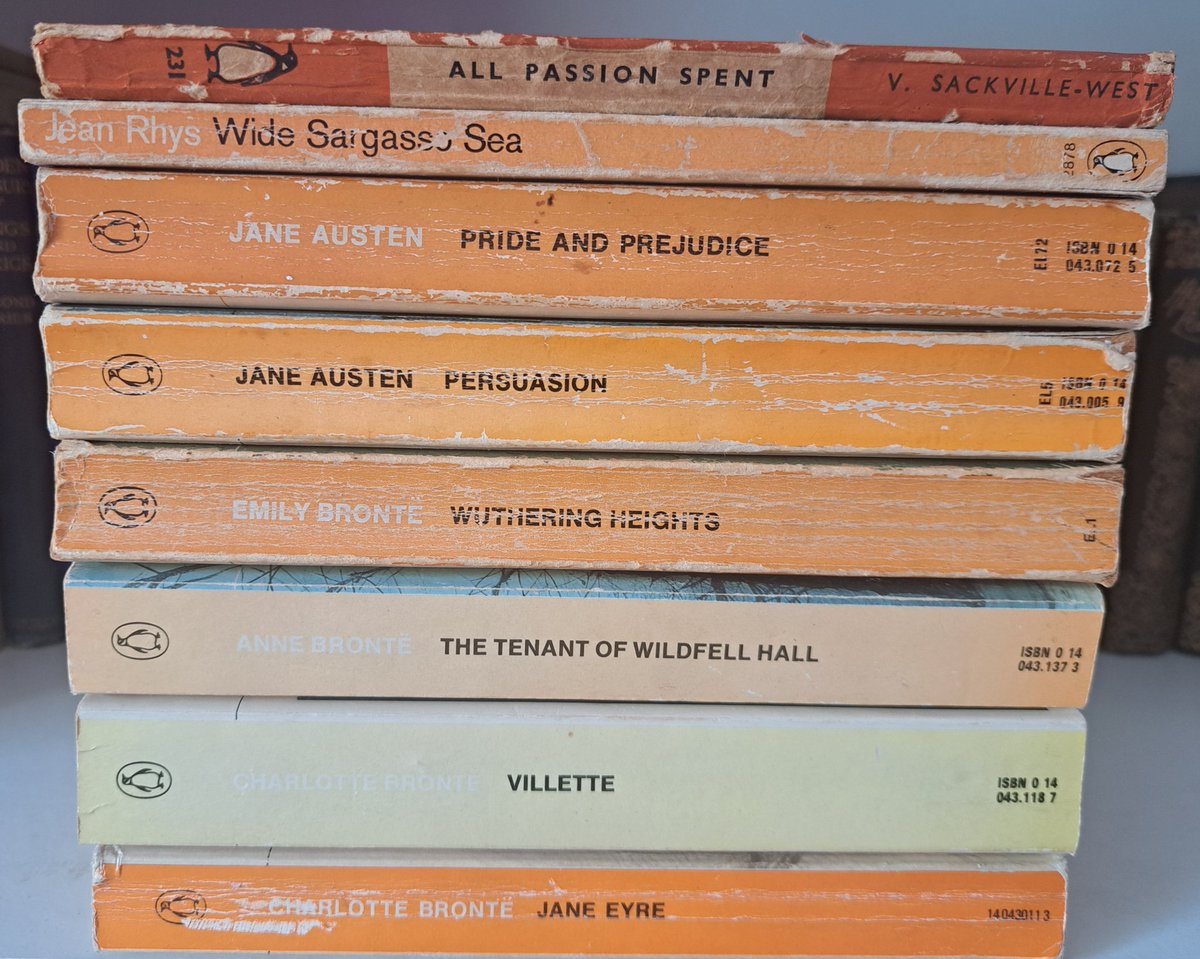 Lovely British Ladies Edition part 1 - 8 Penguin Orange Classics. 

Charlotte Bronte was the same size as an Emperor Penguin.

Pride & Prejudice is really funny, while Jane Eyre is quite dark.

Vita Sackville-West is the most interesting person of the above in my view.