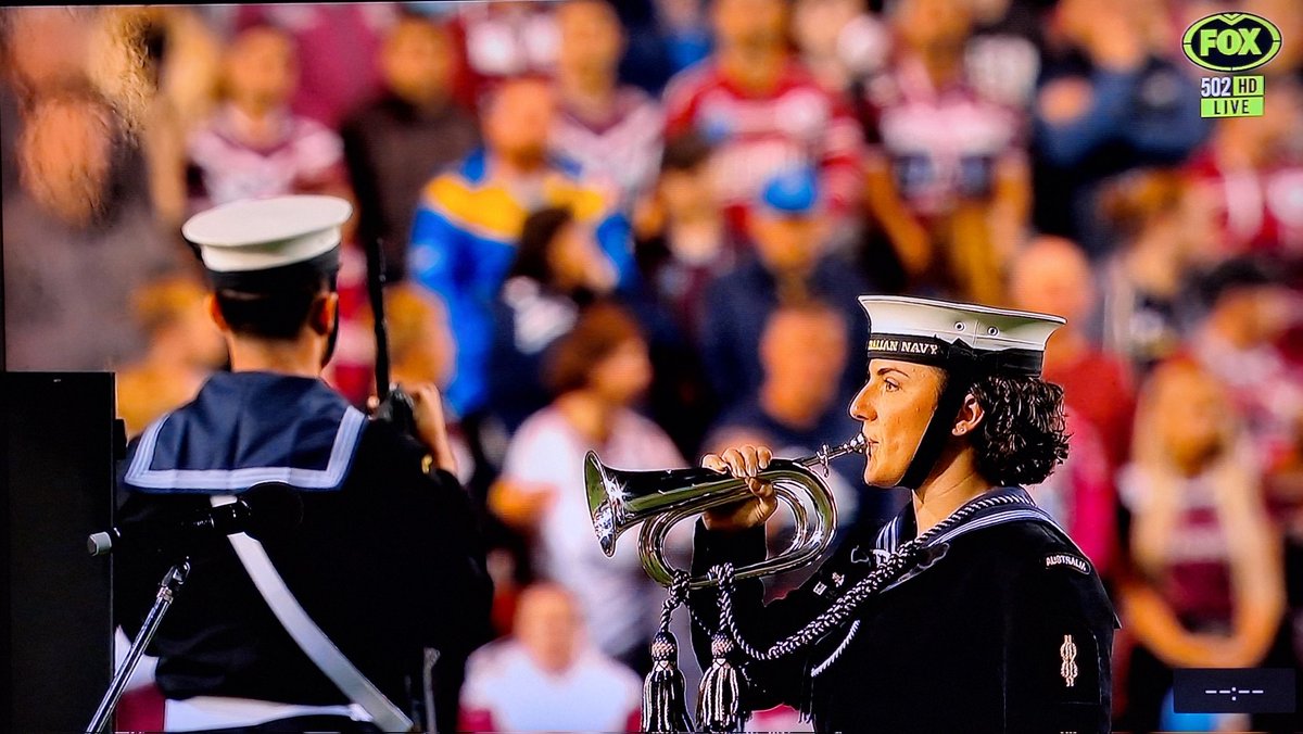 Goodness me what a busy time for Australian Navy bugler Isabella Harvey! Another beautiful Last Post at #NRLManlyEels. The leeeength in those notes!