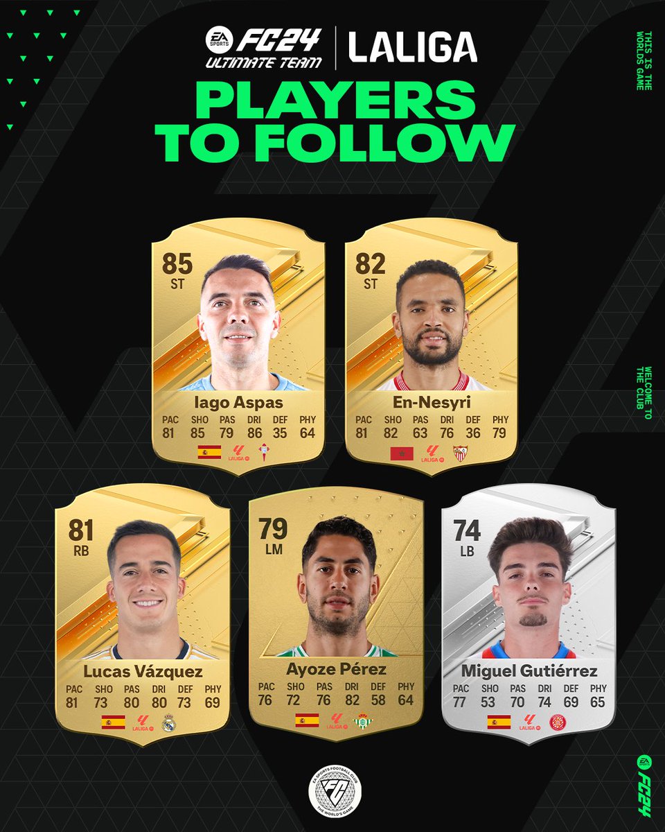 🎮 @aspas10 🎮 En-Nesyri 🎮 @Lucasvazquez91 🎮 @AyozePG 🎮 @Miguel3Guti These are the 'Players To Follow' for MD 33 of #LALIGAEASPORTS! #PlayersToFollow | @EASPORTSFC