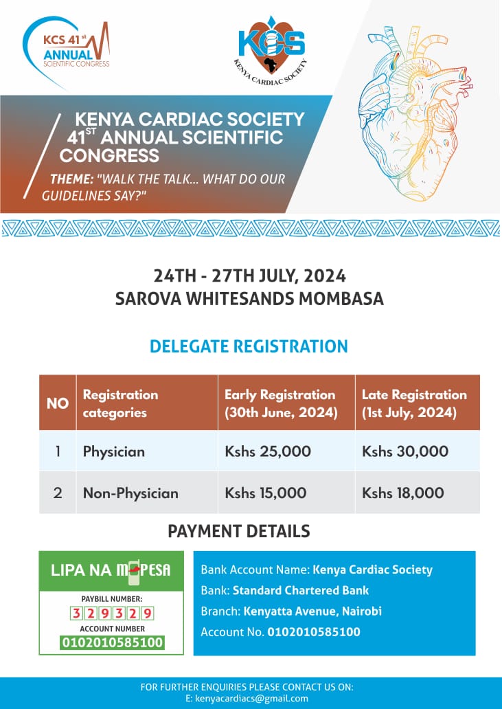 '📢 Exciting news! We are delighted to announce the #KCSCongress2024, happening from July 24th to 27th, 2024 at Sarova Whitesands, Mombasa. This year's theme: 'Walk the talk...What do our guidelines say?' Register now and be part of this enlightening event! #KCSCongress