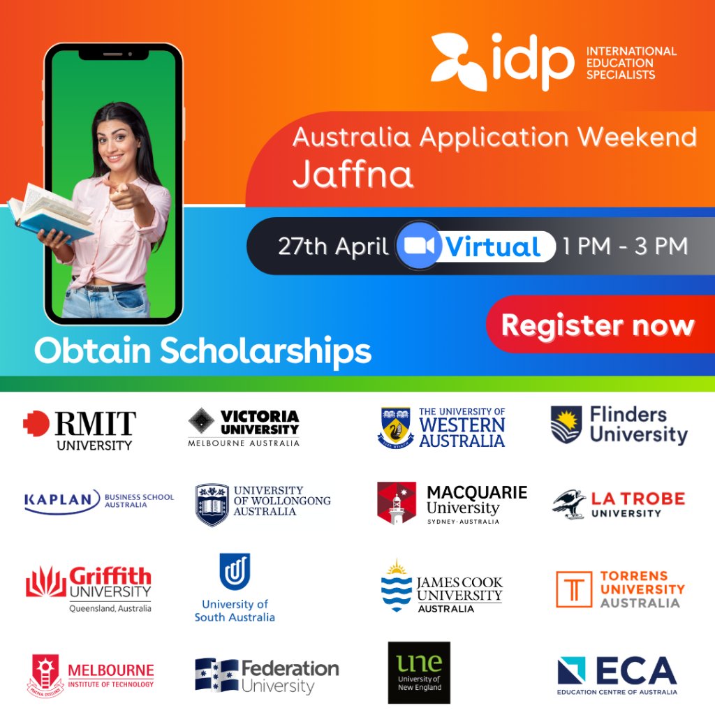Attention Students!

Dreaming of studying in Australia? 🇦🇺✈️ Don't miss IDP's Australia Open Day on April 27th on Virtual🎓

Register now: srkr.io/6010KBm

#IDPAustraliaOpenDay #StudyinAustralia #Jaffna #IDPSriLanka