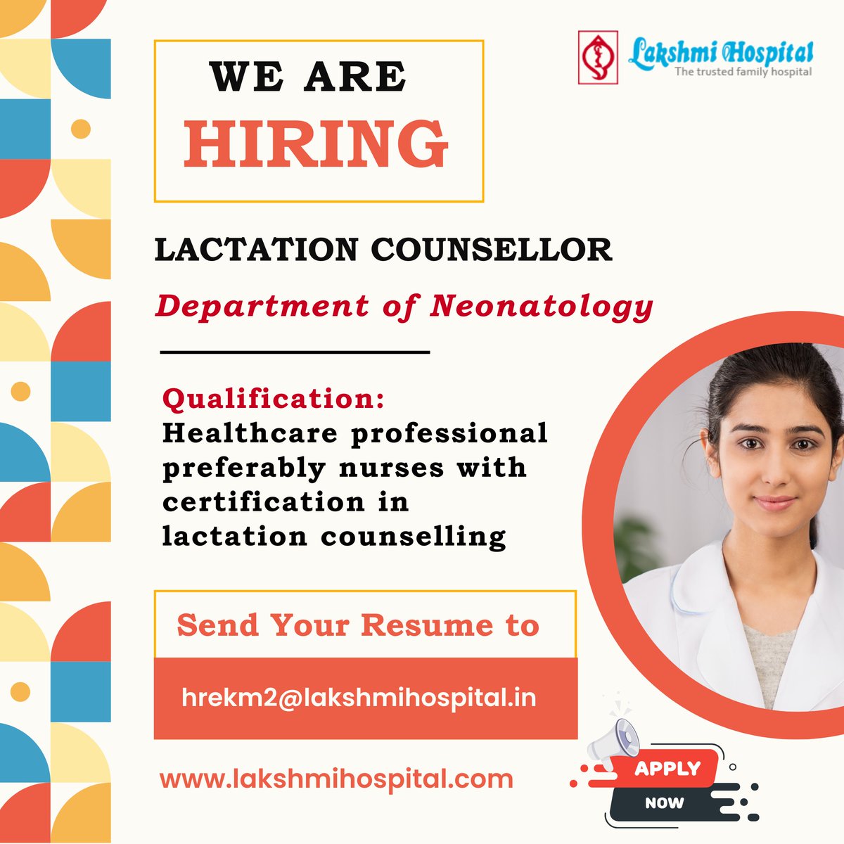 Join our team. We're hiring Lactation Counsellor. Apply now! Send your resume to hrekm2@lakshmihospital.in  
#LactationCounsellor #HealthcareCareers #JoinOurTeam #lactationconsultant #lactationspecialist #hiring #jobs #career #recruitment #jobopening #recruiting #nowhiring