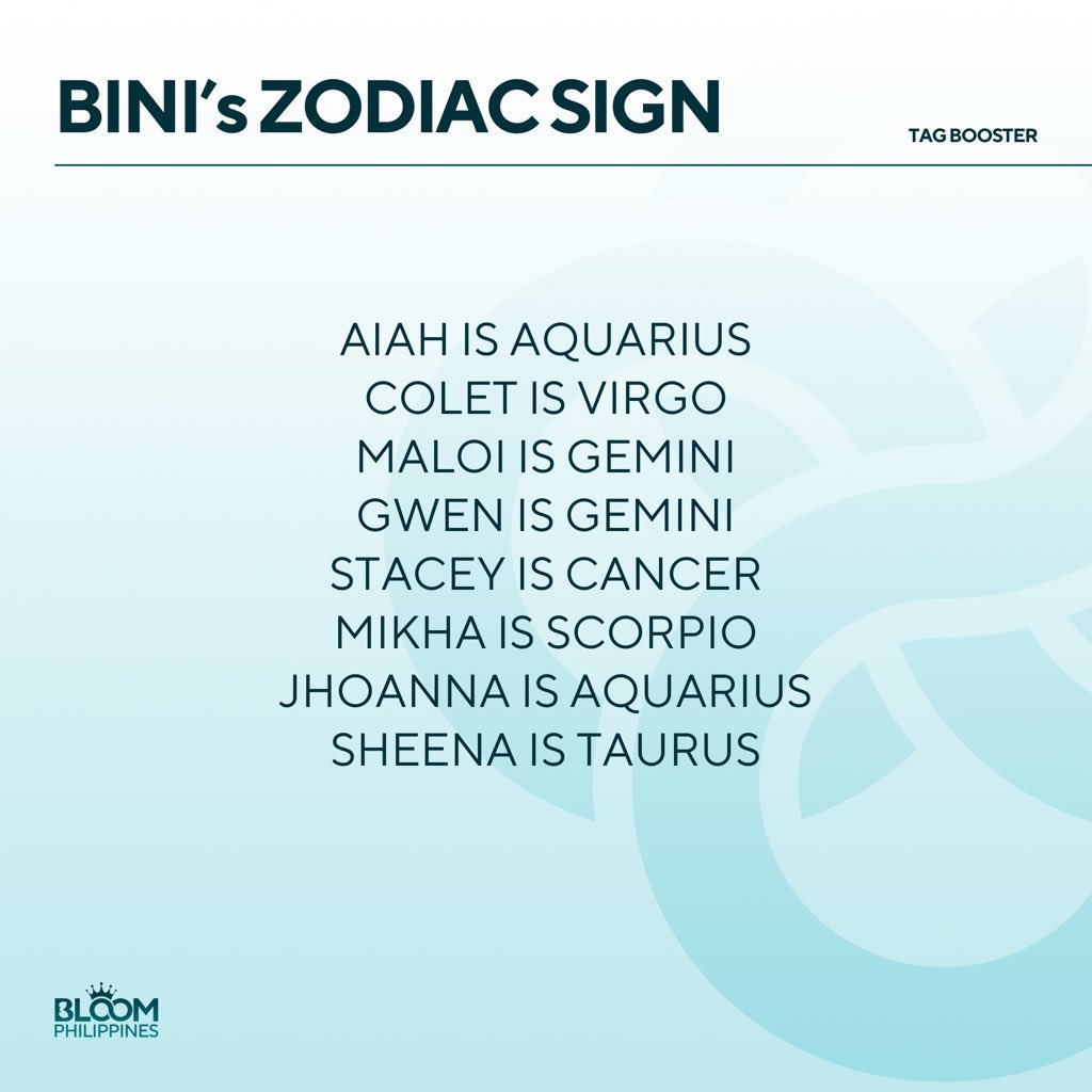 [Tag Booster]

Reply BINI's zodiac signs with the tags! 

BINI KCC ARTIST SHOW

#BINIatKCCMallDeZamboanga
#BINI @BINI_ph