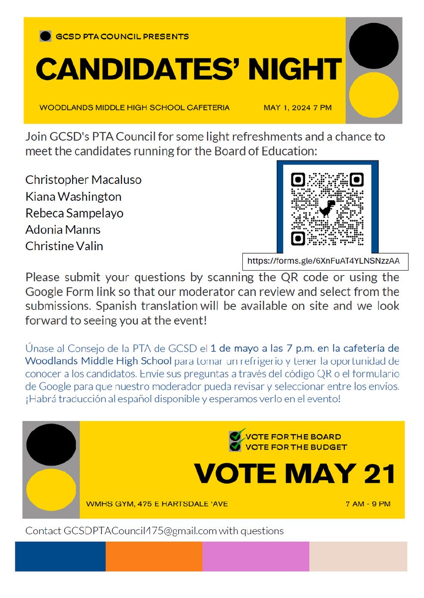 GCSD PTA Council Presents
CANDIDATES' NIGHT

Date &amp; Time: May 1 @ 7 p.m.
Location: Woodlands Middle/High School Gym
475 W. Hartsdale Ave, Hartsdale NY 10530

Join GCSD's PTA Council for light refreshments and a chance to meet the candidates running for the Board of Education.