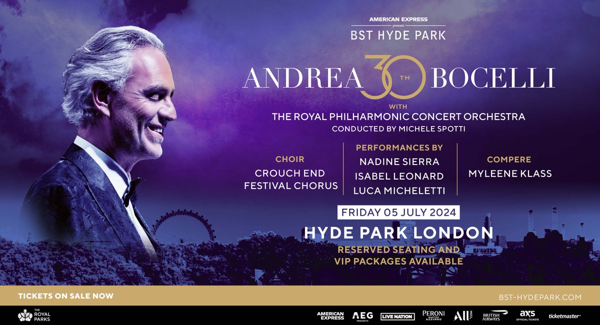 Andrea Bocelli is excited to announce some very special guests for the headline performance in Hyde Park, London this summer. Book your tickets now at: bst-hydepark.com VIP tickets, hospitality packages and payment plans are available.