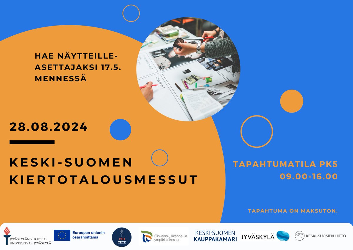 Hae näytteilleasettajaksi Keski-Suomen #kiertotalous'messuille! Odotamme tapahtumaan noin 120 yritysten, tutkimuslaitosten ja muiden sidosryhmien edustajaa. keskisuomi.fi/tapahtuma/kesk…
#kiertotaloudenosaamiskeskittymä #CECE