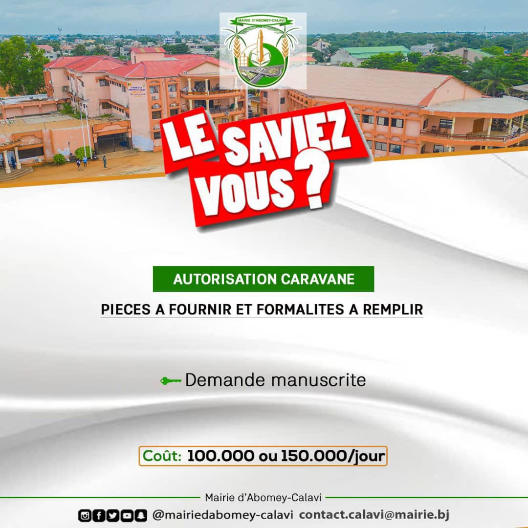 𝐋𝐞 𝐬𝐚𝐯𝐢𝐞𝐳-𝐯𝐨𝐮𝐬 ? de ce jour aborde l’autorisation pour les caravanes dans la municipalité d’Abomey-Calavi.

𝐀𝐛𝐨𝐦𝐞𝐲-𝐂𝐚𝐥𝐚𝐯𝐢, 𝐥𝐚 𝐯𝐢𝐥𝐥𝐞 𝐝𝐮 𝐟𝐮𝐭𝐮𝐫! 

#dsicalavi #mairiedabomeycalavi #collectiviteslocales