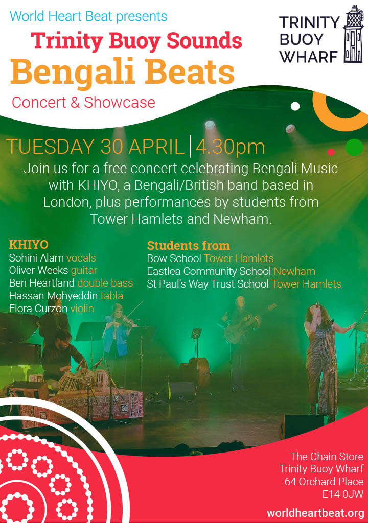 🪘 Tues 30 April - Join us for Bengali Beats #TrinityBuoyWharf featuring British/Bengali band @khiyoband plus performances from students from Tower Hamlets and Newham @NewhamRecorder @thevents worldheartbeat.org/trinity-buoy-s…
