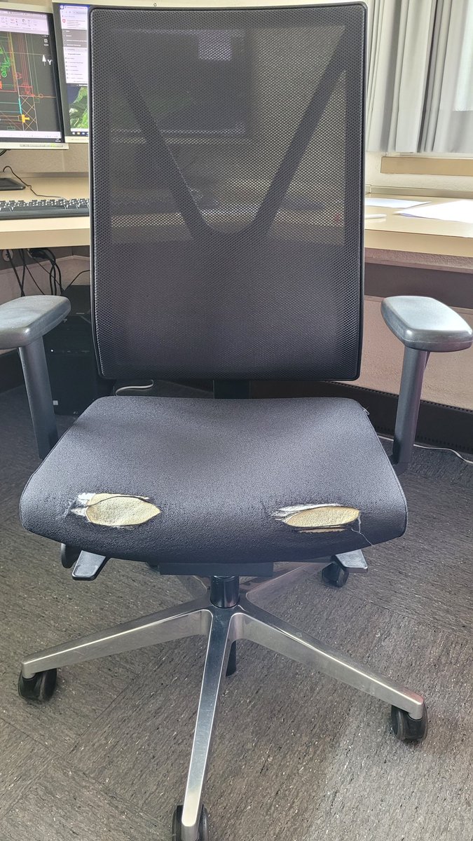 This is what my office chair looks like for a person with #Aspergers #Autism who has trouble sitting quietly and is full of energy, in 3 years of use.🤷‍♂️ #AutismAwareness