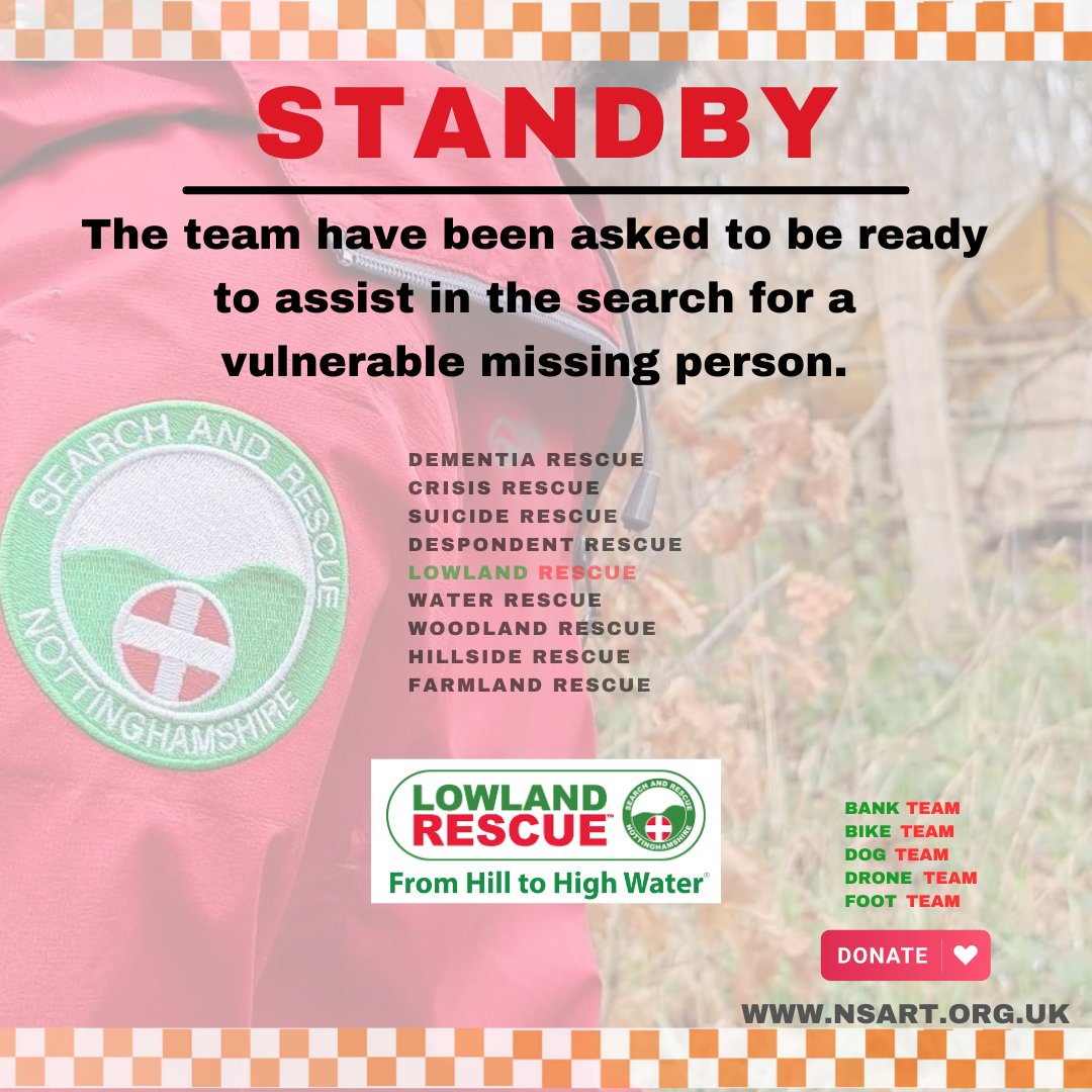 #STANDBY The team are on standby to assist @nottspolice in searching for a missing person. Other teams are also on standby.
#fingerscrossed📷 #teamwork #GoodLuck #searchandrescue