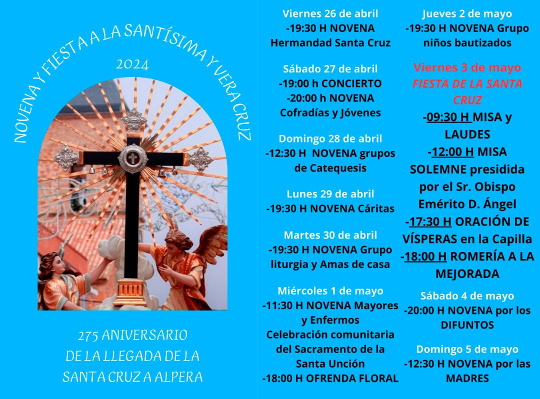 Esta tarde, a las 19.30h., comienza la Novena a las Santísima y VeraCruz en Alpera. Se cumple el 275 aniversario de la llegada de la SantaCruz a Alpera.