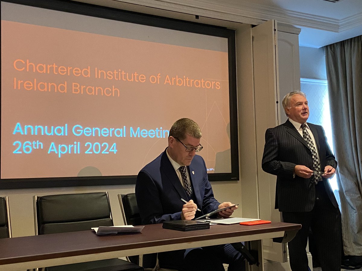 Peter O’Malley Chair of the Irish Branch of the Chartered Institute of Arbitrators Irish Branch is opening the AGM while Dermot Durack, incoming Chair, is patiently waiting his turn. @ciarbireland @Ciarb @CIArbNAB @CIArbNW