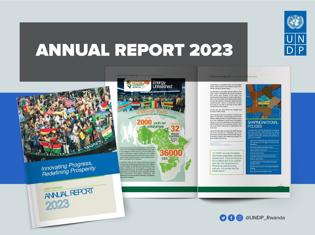 Collaborating with @RwandaGov, #PartnersAtCore, & many other partners, we champion green initiatives. From empowering green villages to advocating renewable energy & policies dev't, uniting sustainability & prosperity. Read more in our 2023 annual report👉undp.org/rwanda/publica…