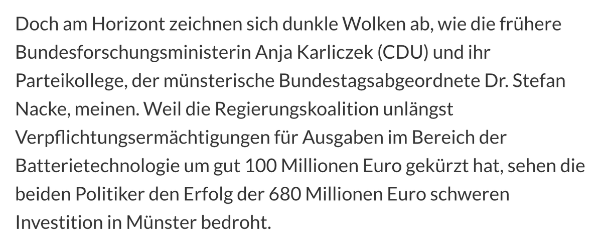 Am nächsten Dienstag eröffnet Frau Stark-Watzinger in Münster einen Neubau in dem Batterieforschung betrieben werden soll. Leider haben ihre Parteikollegen #Lindner und #Wissing schon vorher den Stecker gezogen, weil sie lieber Geld in Flugtaxis investieren.