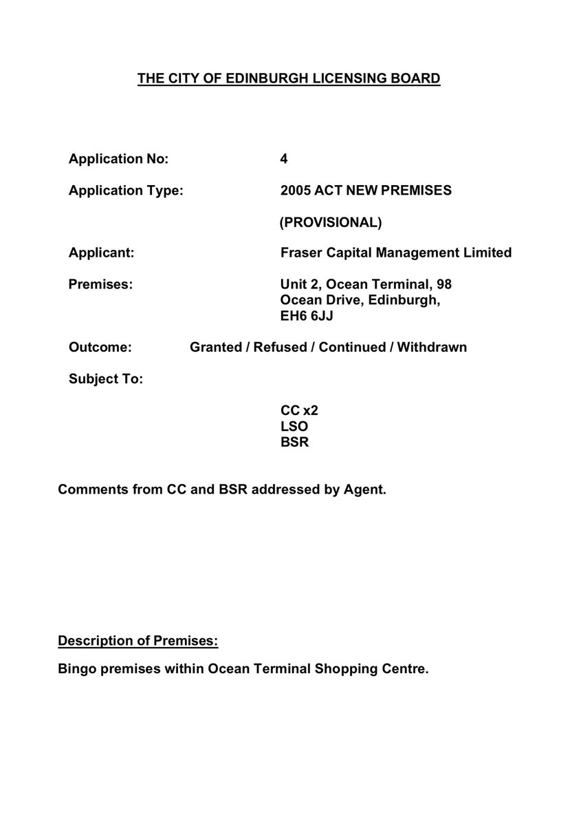 Edinburgh licensing board has today approved a licence for Club 3000 bingo at unit 2, Ocean Terminal #Leith (the former transgression skate park) The agent says the new premises should be operational “within a few months” @LeithHarbourNCC