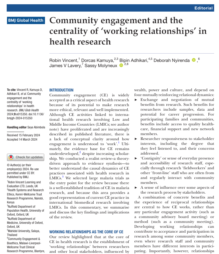 'Working relationships’ lie at the core of community engagement in health research. We discuss what shapes these working relationships and how they function in practice @GlobalHealthBMJ based on a realist review of #malaria literature #CommunityEngagement gh.bmj.com/content/9/4/e0…