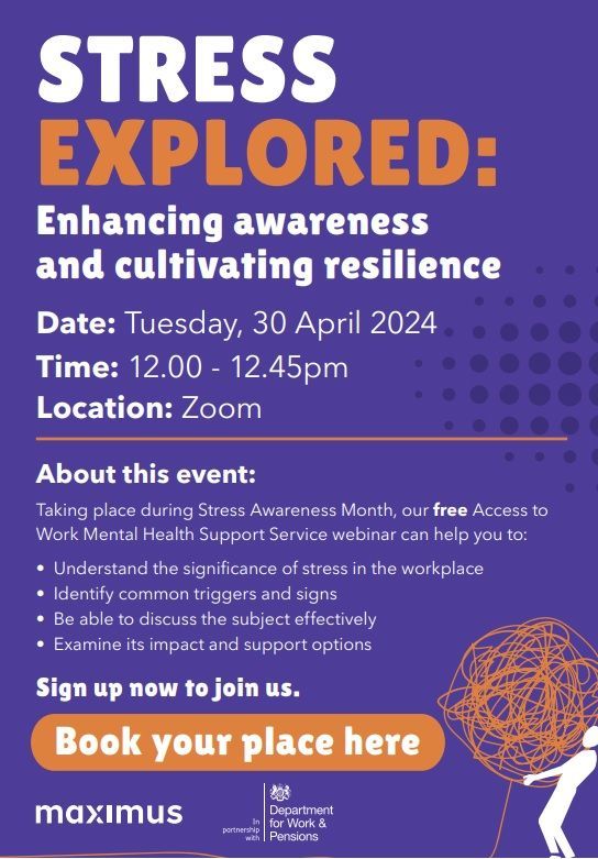 Sign up to the free webinar 'Stress Explored: Enhancing awareness & cultivating resilience' by Maximus, Tues 30th April 12.00pm for #StressAwarenessMonth Helping you identify common signs of stress & understand the significance it has in the workplace. buff.ly/44myGC0