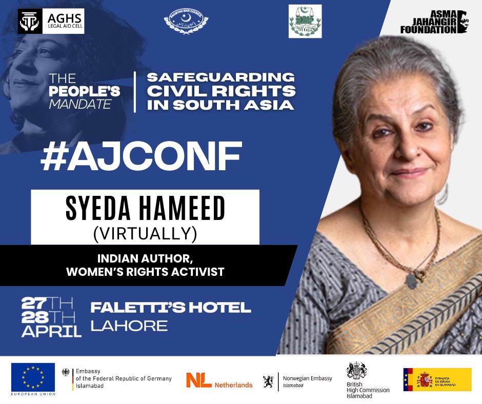#AJCONF is here ! #Indian author, rights activist @syeda__hameed will be participating in the #AsmaJahangir Conference 2024. Watch this space and @Asma_Jahangir for the event livestream on 27 - 28 April.