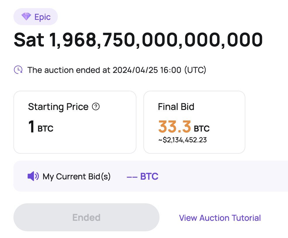 The CoinEx Auction of 'Epic Sats' has concluded with a bang! The first and only epic sat fetched a whopping 33.3 BTC (that's around $2,134,000)! With just 32 epic sats out of a staggering 2,100 trillion in existence, these babies are as rare as they come.…