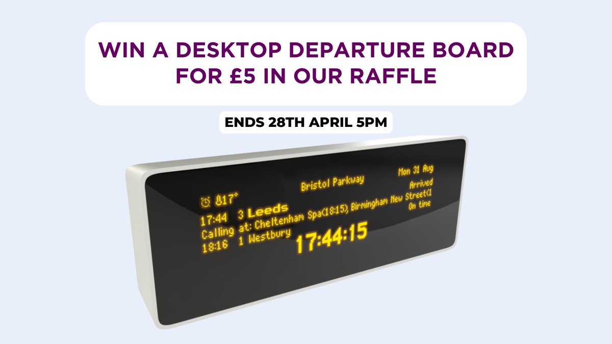 🎊 Feeling Lucky? You can win a Desktop Departure Board in our Charity Raffle. Display live departures for all your favourite UK Train/Tube/Bus/Tram stations on your own customisable departure board🙌 Enter into our Raffle for £5 ➡️ go.eventgroovefundraising.com/railwayfamily @RailDepartures