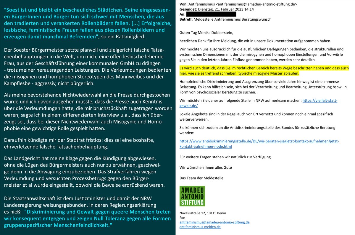 @svenlehmann Meine Hilferufe waren die Chance, die Angelegenheit hinter den Kulissen zu regeln. Dann sah ich mich gezwungen, das System zu testen, inkl. Antidiskriminierungsstelle, Gerichte, StA. Es hat an jeder Stelle versagt. Mein Fall ist von der Antifeminismus-Meldestelle anerkannt. 4/4