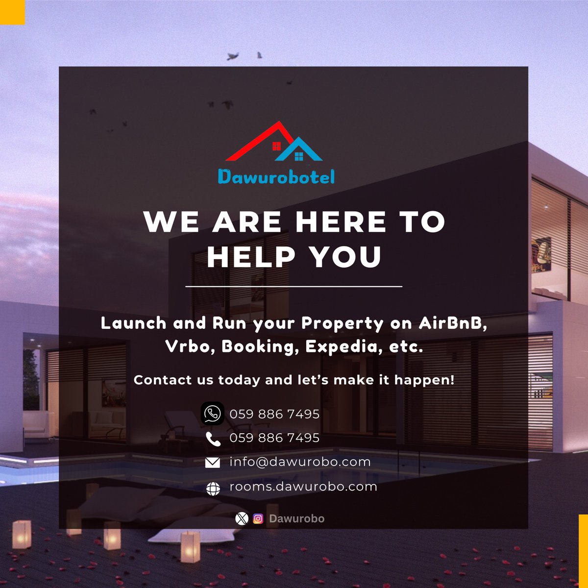 Launch and Run your Property on Airbnb, Vrbo, Booking, Expedia, etc. Don't just list your property, manage it like a pro! Contact us on 0598867495.
#airbnb #Airbnbhost #UPSA 
Kyeiwaa    Messi
Rapture    Elon Musk
Jessica   King Promise