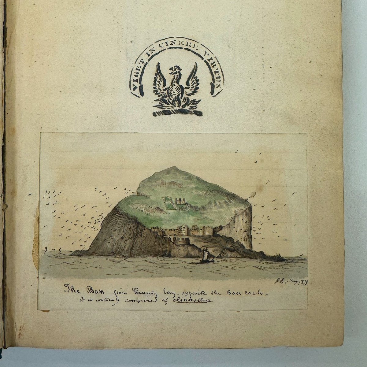 While reshelving this 1838 edition of 'Essay on the Geology of the Lothians' by RJH Cunningham, we found this charming little watercolour of the Bass Rock surrounded with gannets.  #foundfriday #librarytwitter