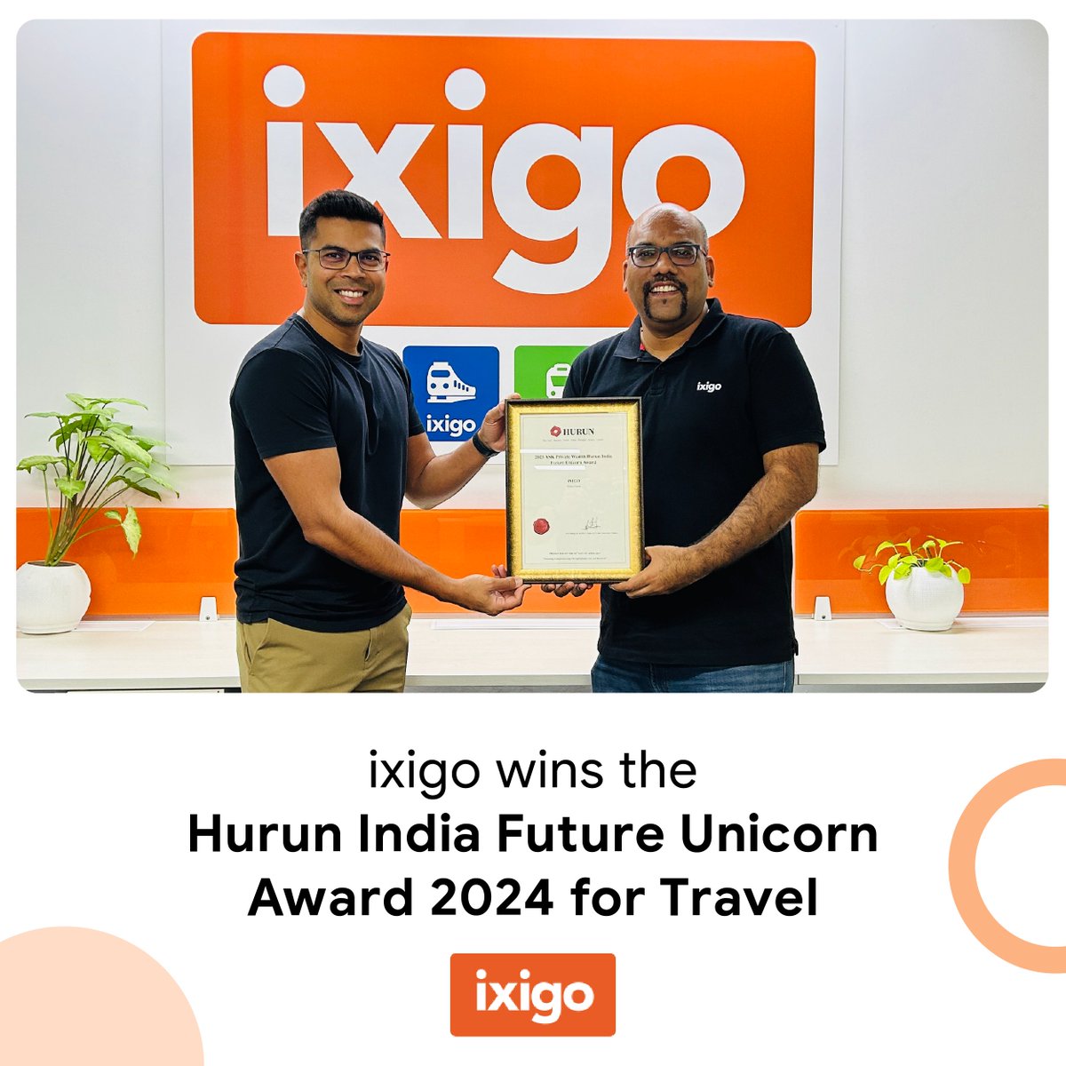 🎉Exciting news! ixigo has bagged the Hurun India Future Unicorn Award 2024 - Travel 
Proud to be recognized for our impact on the Indian startup scene. Thanks to our incredible team & everyone who supports us! 🚀 
#HurunIndia #StartupSuccess #ixigo