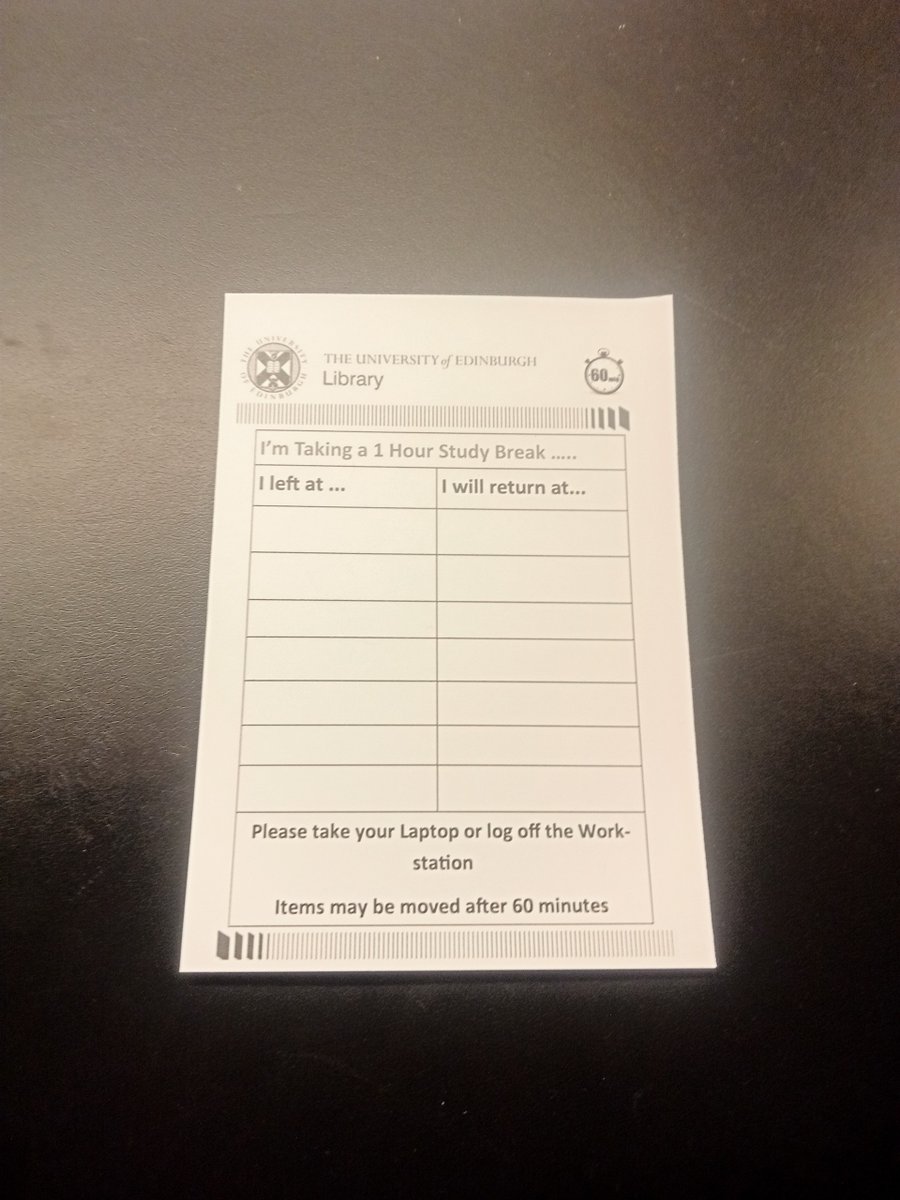 The Study Breaks Scheme returns for Summer exams at the Main Library (level 1), Law Library and New College Library. There will be cards on each desk and we kindly ask students to use them to encourage fair desk use and healthy study breaks edin.ac/49OAe8U
