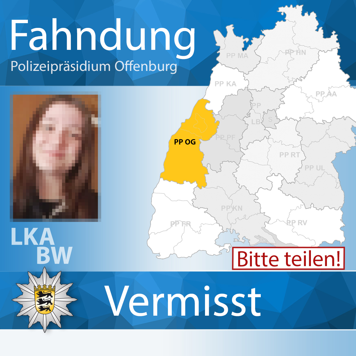 #Vermisstenfahndung - BITTE RT ⚠ Seit dem 19.04.24 wird die 14-jährige Marie-Júlie G. aus #Rheinmünser vermisst. Hinweise bitte umgehend an unsere Kolleginnen und Kollegen aus #Offenburg. Zur #Fahndung ▶ t1p.de/vxqib Euer #LKABW #BereitfürSicherheit