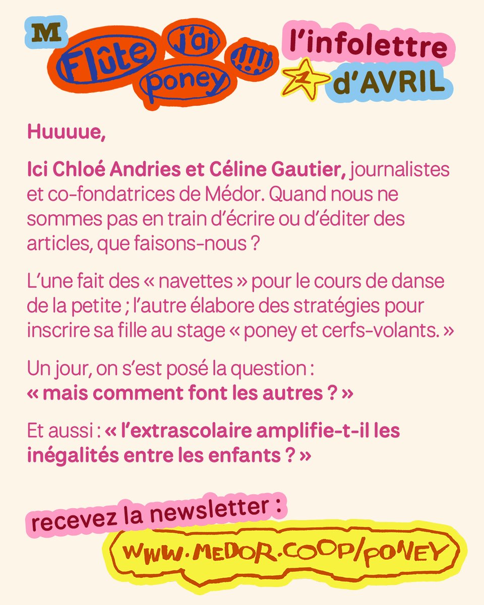 Dans l'infolettre gratuite 'poney', nos journalistes Chloé Andries et Céline Gautier racontent l'avancement de leur enquête participative sur les activités extrascolaires et le creusement des inégalités. Poursuivez la lecture et abonnez-vous sur : medor.coop/newsletters/me…