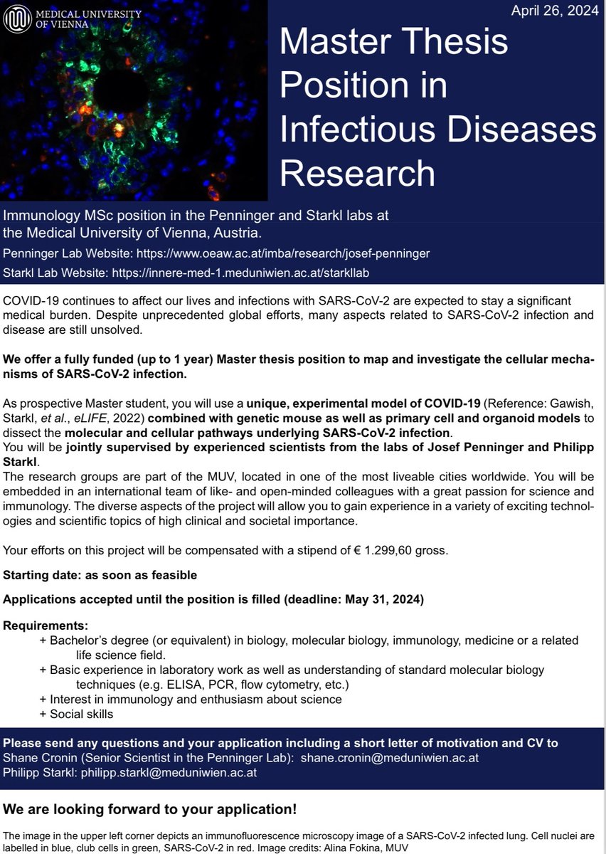 PenningerLab (@penningerlab) on Twitter photo Together with <a href="/PhilippStarkl/">Philipp Starkl</a> we are looking for a joint master student in infectious diseases research. Details below - we are looking forward to your application (deadline May 31st, 2024) Together with <a href="/PhilippStarkl/">Philipp Starkl</a> we are looking for a joint master student in infectious diseases research. Details below - we are looking forward to your application (deadline May 31st, 2024)