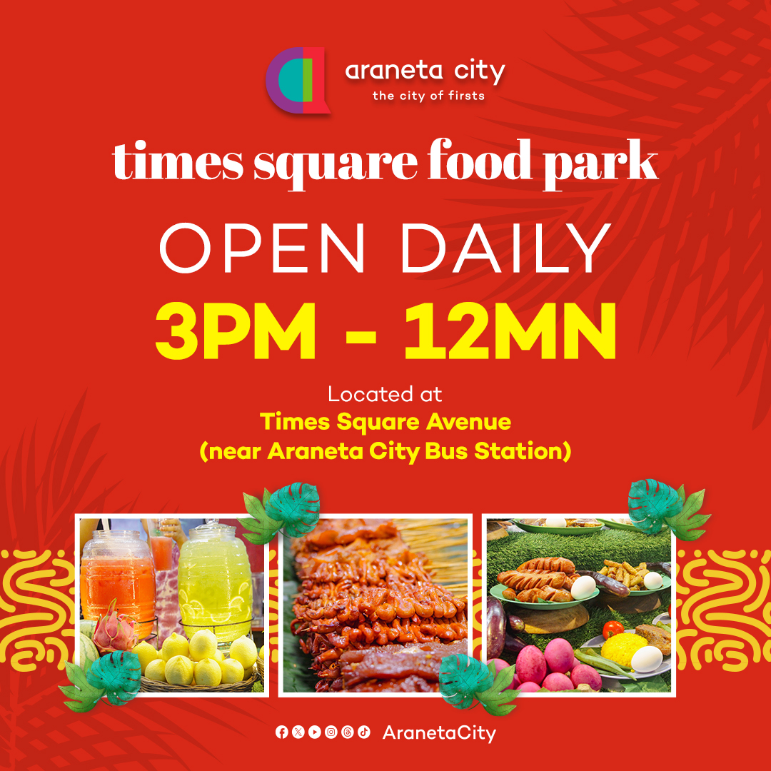The wait is over, Araneta City-zens! ✨🍽️ Times Square Food Park is back, serving a variety of mouthwatering dishes! 🥢🥘 Come hungry, leave happy! Head over to📍Times Square Food Park now! 😋❤️ ⏰: 3PM - 12MN #CityOfFirsts #AranetaCity #TimesSquareFoodPark