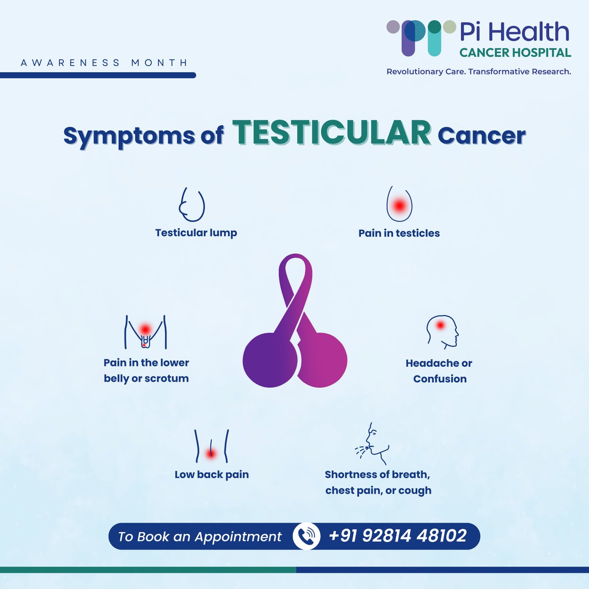 #Testicularcancer is a type of cancer that develops in the testicles, the male reproductive glands located in the scrotum.  Here are the #symptomsoftesticularcancer. For more details 
Go to pihealthcancerhospital.com
Or visit maps.app.goo.gl/98on7USbYFEvyh…