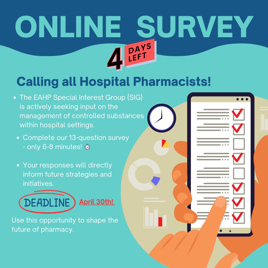 ☎ LAST CALL, Hospital Pharmacies! 🏥 CLOSING 30th APRIL 🚨 Click the link below to access the survey: 🖇 surveymonkey.com/r/8K5V9XK Let's unite our voices and drive positive change in healthcare together! 💊 #HospitalPharmacy #EAHPSIG #PharmacySurvey #ControlledSubstances