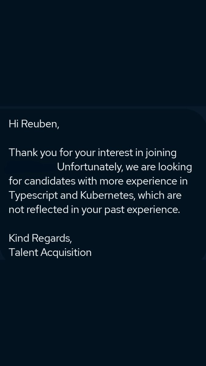 reubenmightcode's tweet image. Expecting a mid level dev to have kubernetes experience is wild. This is not a backend position. Or an infra position. Also, I have typescript experience 💀
#writeaccuratejobdescriptions
#dontadvertiseformidwhenyouwantsenior
#jobhunt #tech