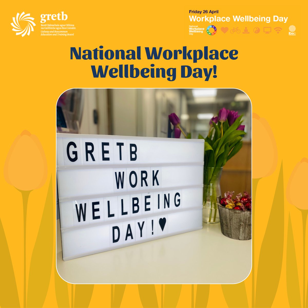 🍏 National Workplace Wellbeing Day! 🍏 Your wellbeing is essential, so take a moment today to focus on your health and happiness, whether that means nurturing your social, mental, or physical well-being. #GRETB #WeAreGRETB #WorkWell24 #WorkplaceWellbeing