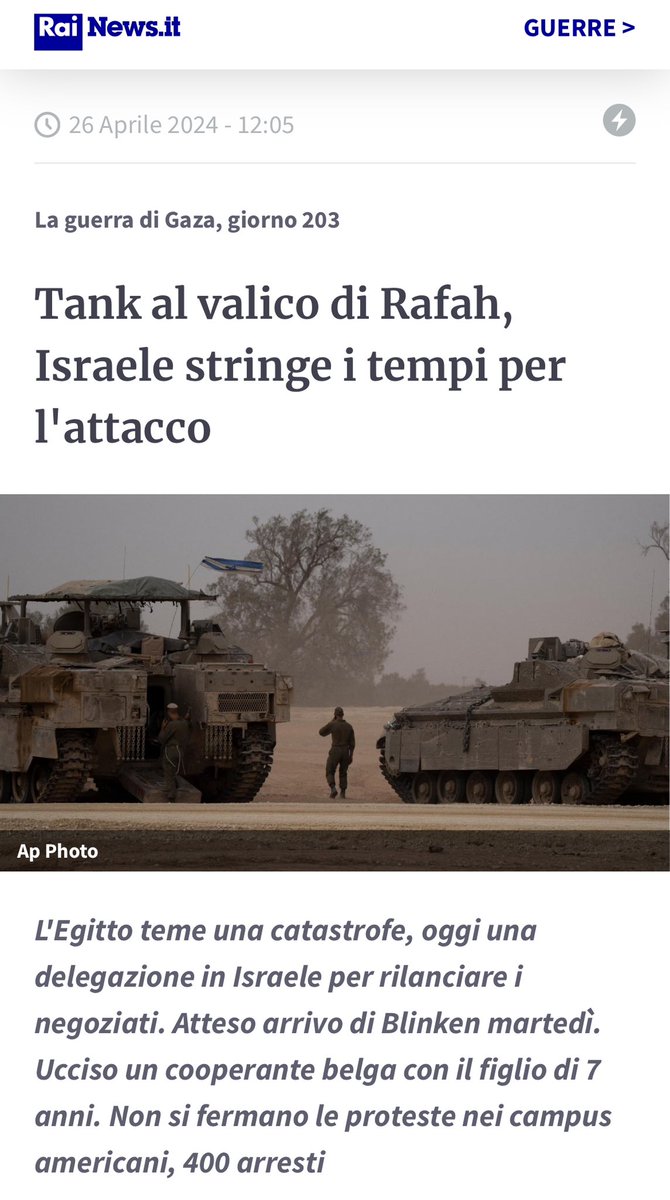 Enorme apprensione per lo schieramento di mezzi a #Rafah, dove si sono rifugiati oltre un milione di persone, civili e inermi, spinte dall'esercito israeliano nelle scorse settimane. Già 34.000 morti a #Gaza. Continuiamo a chiedere #Cessateilfuoco. Riparta la diplomazia!