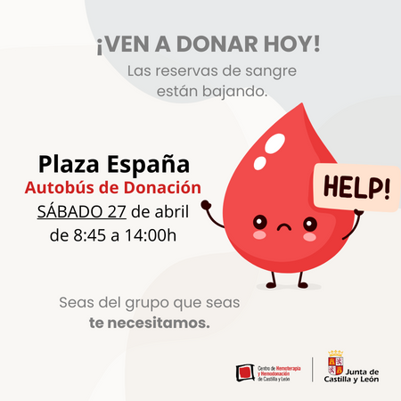 📢¡¡Colecta mañana en Valladolid!!📢
🗓️Sábado 27 de abril 
🚌Autobús de donación 
📌Plaza España, Valladolid De 08:45 a 14:00h 

¡Se agradece difusión! 
#DonaSangre#DonaVida