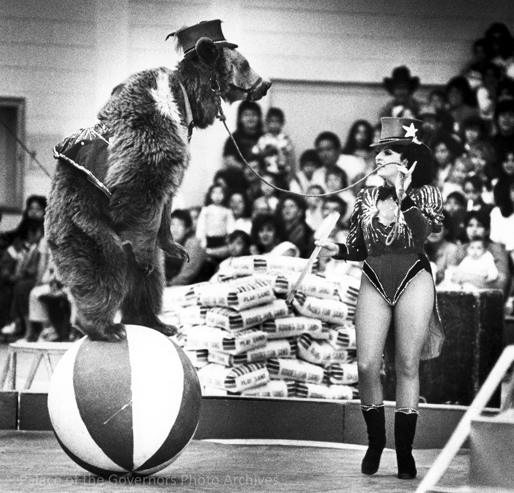 Trainer Teppa Hall with brown bear during Bentley Brothers Circus, College of Santa Fe, New Mexico

Photographer: Leslie Tallant
1988