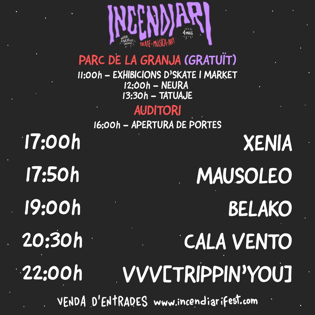 🔥 HORARIS INCENDIARI VOL. III Ja teniu els horaris! Com és habitual, al parc de la Granja 🌴 tindrem programació diürna i gratuïta per a tots els públics! I a la vesprada a l'auditori! 🎫ENTRADES a incendiarifest.com