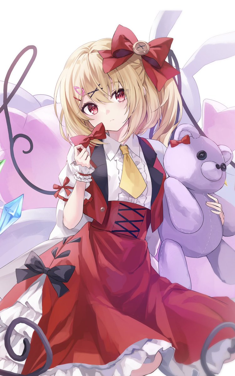 flandre scarlet 1girl solo looking at viewer simple background shirt skirt blonde hair  illustration images